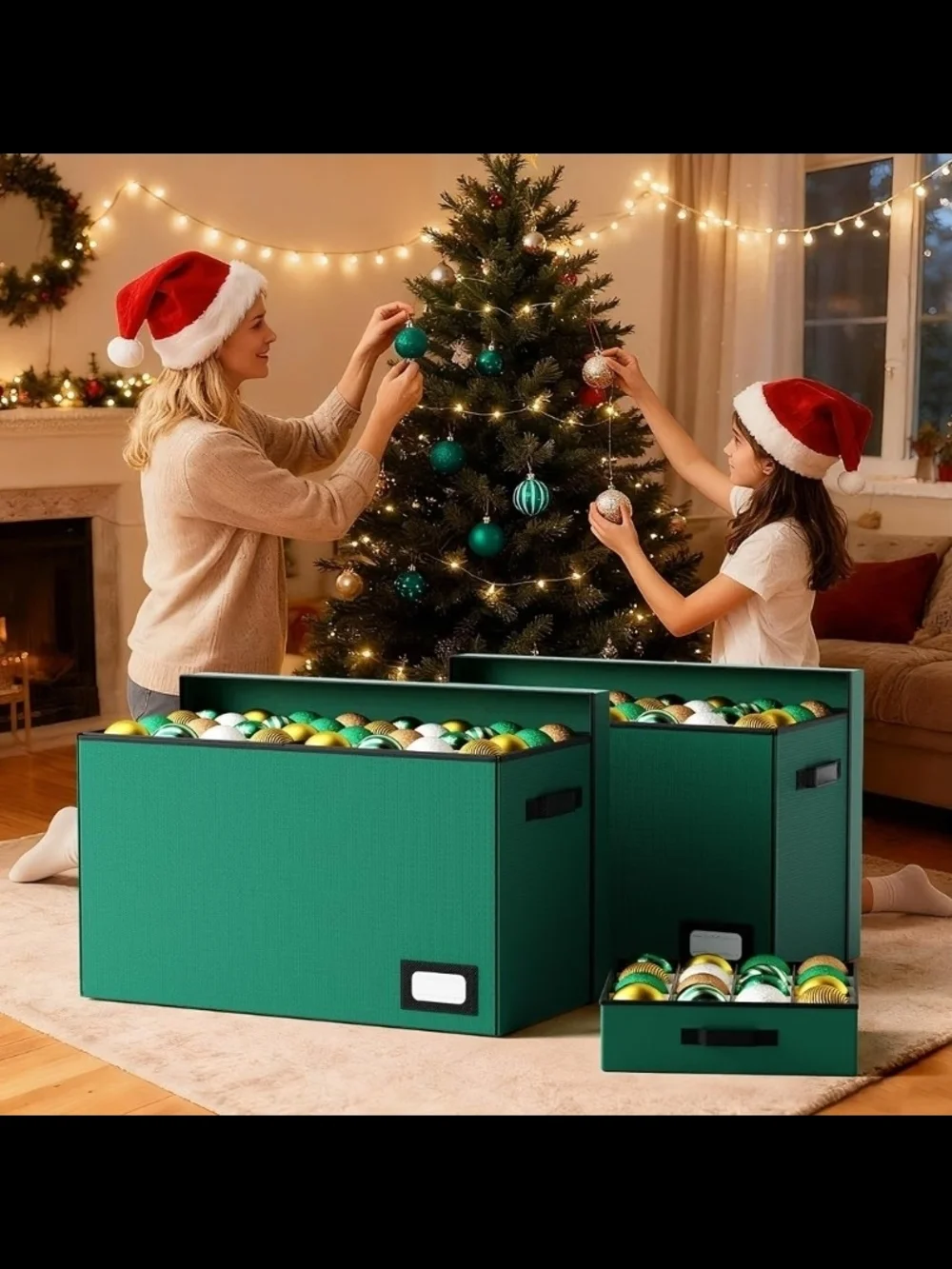 Green Holiday Ornament Storage Organizer with Drawers